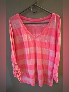 Lane Bryant Bright Pink Striped V-Neck Long Sleeve Tee